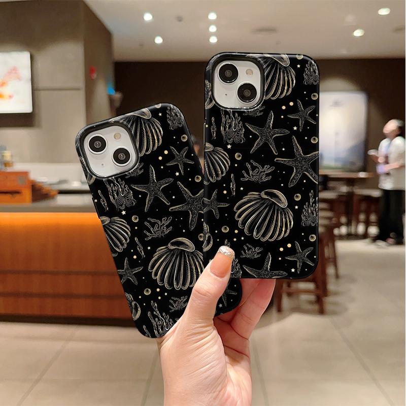 Elegant Ocean Black Gold Starfish Seashell Coral Graphic Art Film Aesthetic Protective Shockproof Bumper Phone Cover For iPhone 14 15 16 Pro Max Plus