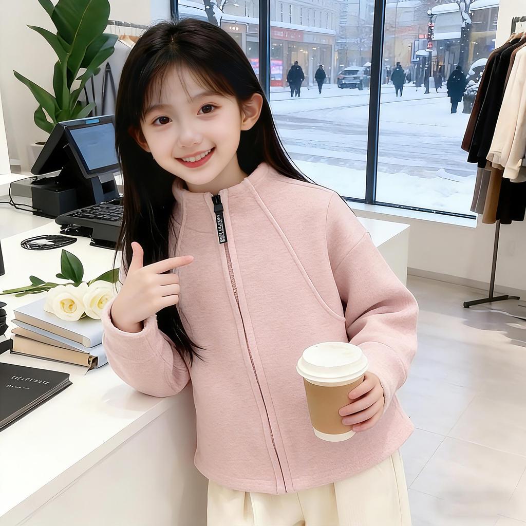 Girls' Warm Faux Cashmere Slimming Hoodie with Stylish Stand Collar - Versatile Velvet Base Layer for Autumn/Winter