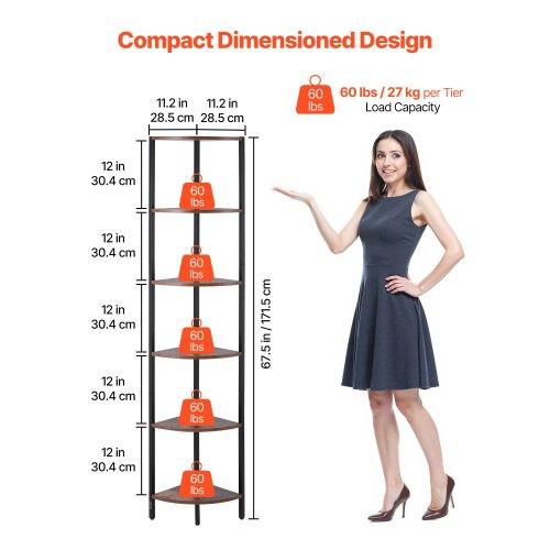 VEVOR 6 Tier Corner Shelf, Tall Corner Stand with LED Light, Wall Shelves Tower Storage Organizer with Metal Frame & Wooden Shelves