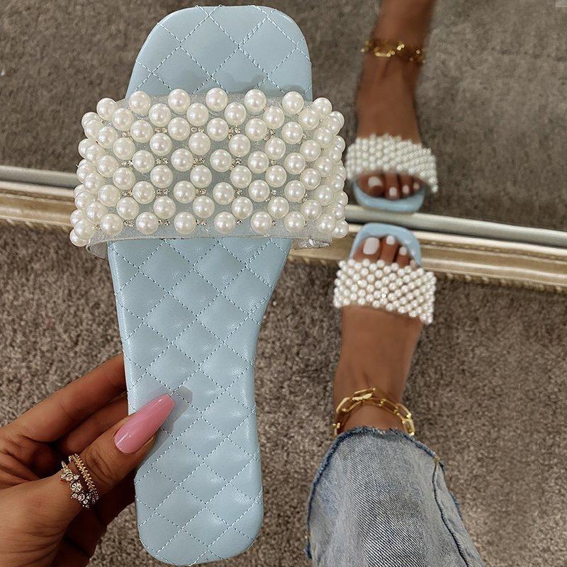 Spring/summer New Women  Pearl Rhinestone Women's All-match Casual Slippers Fashion Solid Color Flat Shoes Sandals