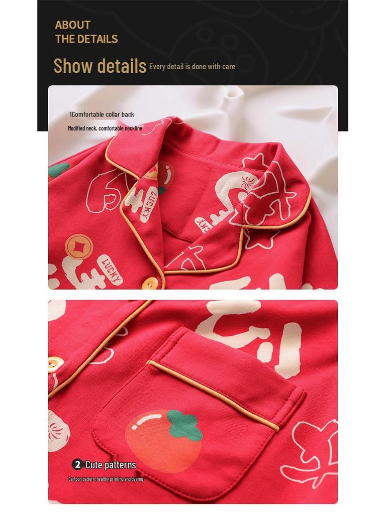 2026 Year of the Rooster Red Girls' Korean Style Cotton Pajamas - Parent-Child Long Sleeve Winter Homewear