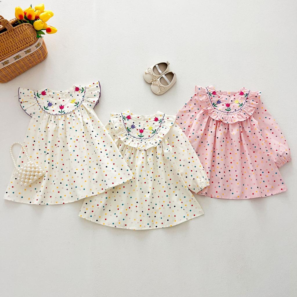 Girls Summer Cotton Polka Dot Princess Dress With Embroidered Flowers Flutter Sleeve Baby Girl Sweet Breathable Party Dress