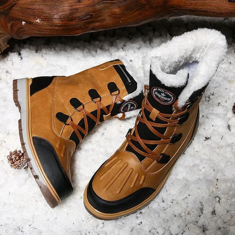 Mode Herren Winterstiefel Warme Fell High-Top Schneestiefel Herren Wasserdichte Leder Plateau Stiefel Outdoor Rutschfeste Herren Winterschuhe