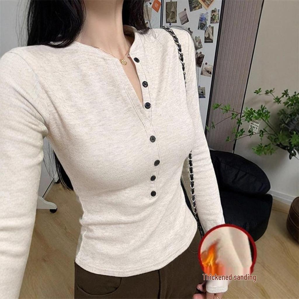Women's Slim Fit Half-Open Collar Long-Sleeve T-Shirt - Autumn/Winter, Spicy American Style, Brushed Fleece, Plus Velvet Inner Layer.