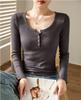Spring Long Sleeved Slim Fit Base Shirt Button Down T-shirt Top For Women