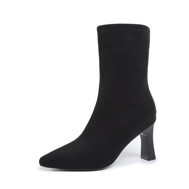 Fashion versatile pointed thick heel elastic boots women's spring and autumn new high heel sleeve thin boots suede fashion boots
