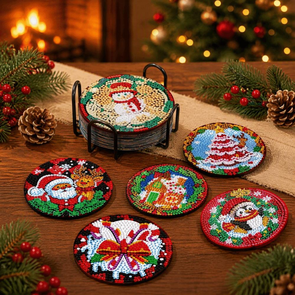 8Pcs Entry-level DIY Painting Coasters with Metal Stand Coaster Kit Holiday Decor