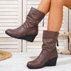 Women's Retro Pleated Pointed Toe Heel Mid-Calf Boots with Back Zipper for Fall Winter