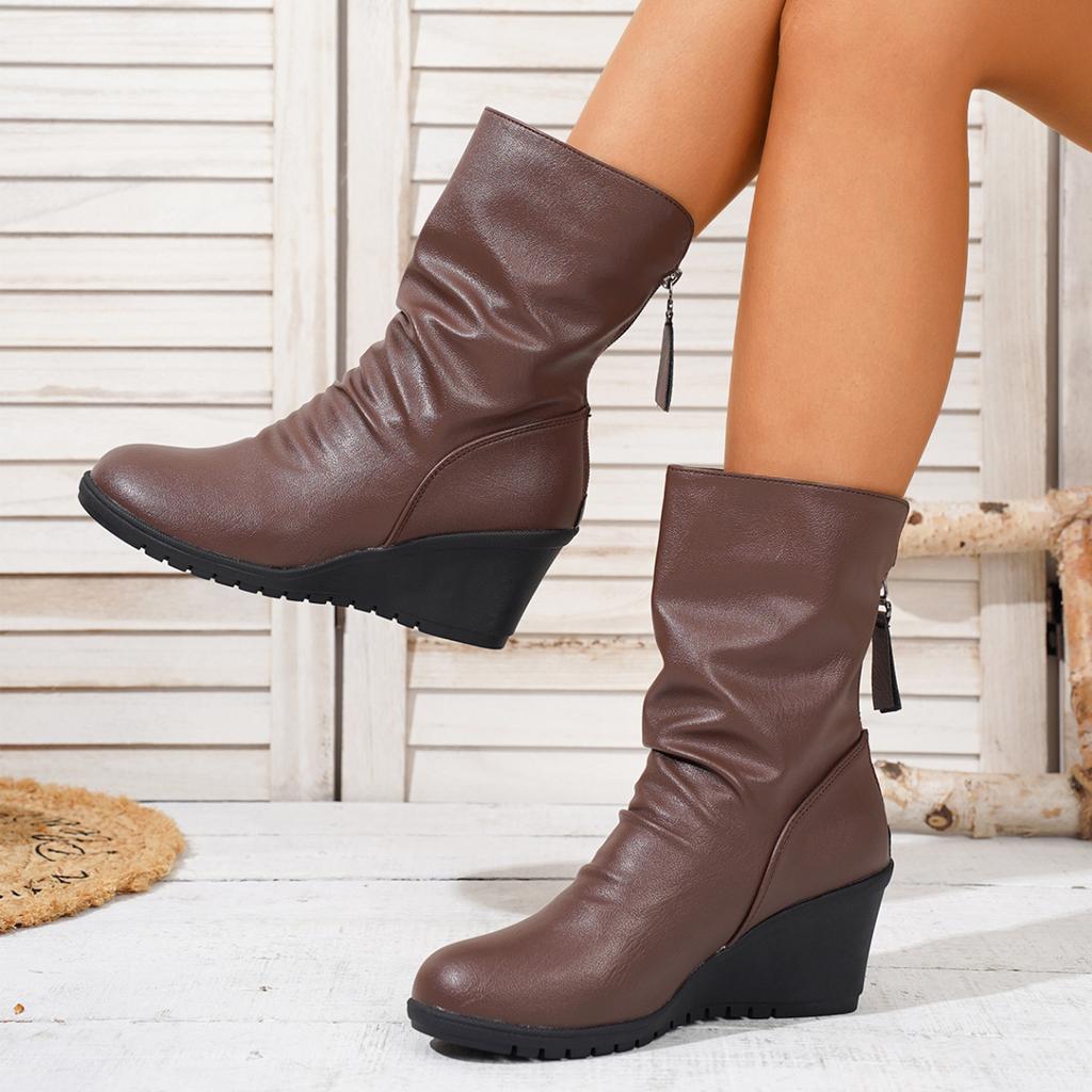 Women's Retro Pleated Pointed Toe Heel Mid-Calf Boots with Back Zipper for Fall Winter