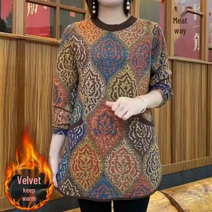 

Velvet Thickened Printed Slim-Fit Mid-Length Top for Middle-Aged Women XL