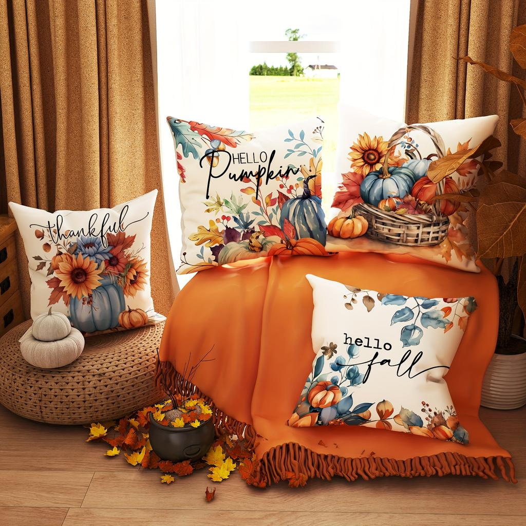 4PCS Polyester Fall Thanksgiving Throw Pillow Covers - Bright Pumpkin, Sunflower, Maple Leaf Patterns - Soft, Durable, Farmhouse Country Harvest Decor