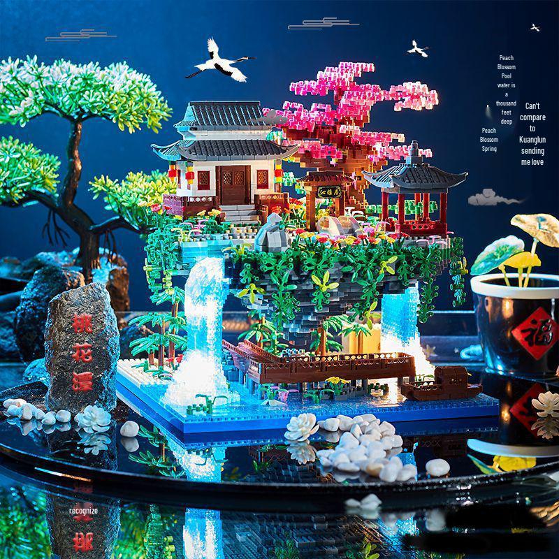 Fairy Pavilion Cherry Blossom Treehouse with Peach Blossom Pond - Creative Ancient Style Building Block Ornament, Handmade Assembly Scene.