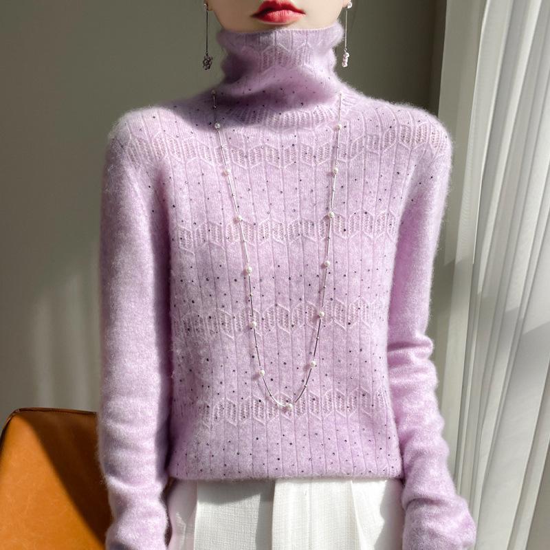 Women's 100% Pure Wool Rhinestone Turtleneck Sweater - Long Sleeve Jacquard Knit