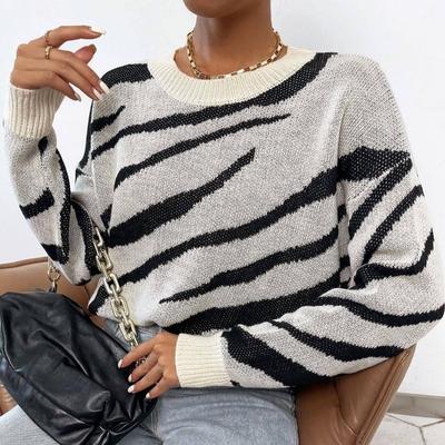 Autumn Zebra Pattern Loose Knitted Sweater Women Fashion Winter O Neck Pullovers Knitwear Casual Long Sleeve Lady Sweaters 28483