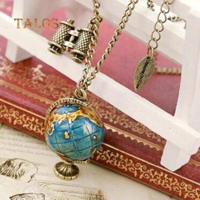 Vrouwen Vintage Globe Planeet Aarde Wereldkaart Bal Binocle Hanger Lange Ketting Ophanging Sieraden