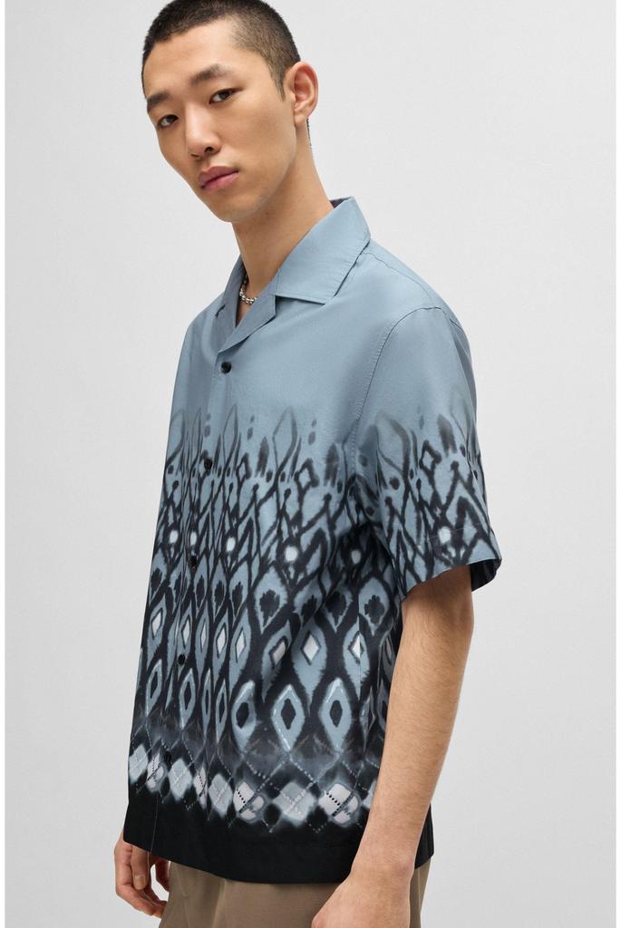 HUGO Oversized Fit Cotton Shirt with Size Blue Men's Hand-Painted Print, Small,