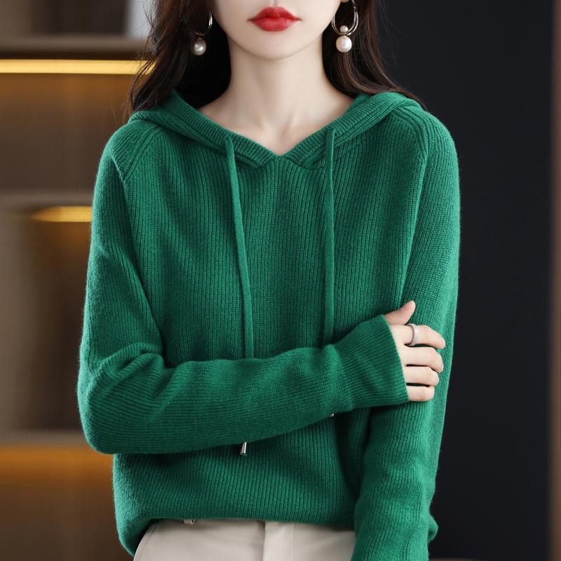 INDFS Women's Fashion Casual Fall Winter Solid Color Print Long Sleeve Hooded Sweaters