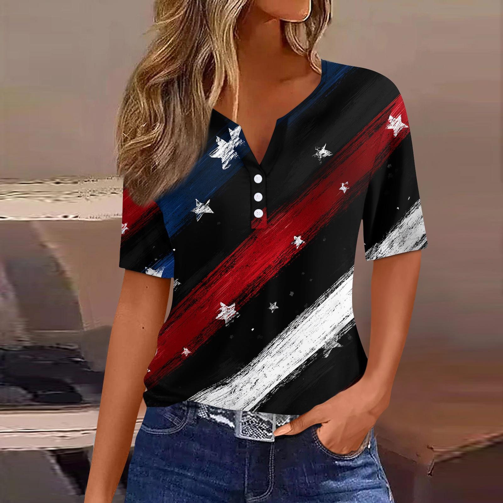 

Women s T Shirt Independence Day Print Button Short Sleeve Daily Weekend Fashion Basic V- Neck Regular Top XL винний
