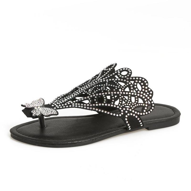 Fashion flat toe sandals large size outer wear rhinestone hollow cool slippers herringbone slippers