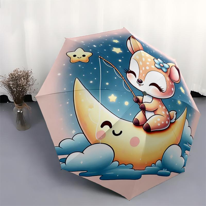 1pc Little Sika Deer & Moon Pattern Beautiful Looking Automatic Folding Umbrella, 3 Folding, 8 Pole Frame Design, Durable and Suitable for T