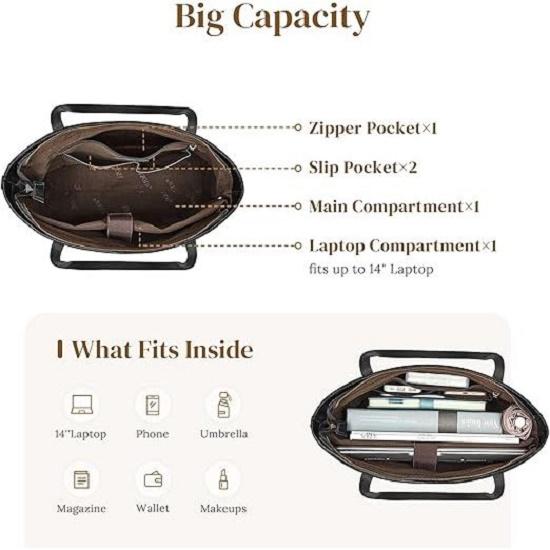 Genuine Leather Tote Bag for Women Work Shoulder Crossbody Purses Handbag with Outside Pockets