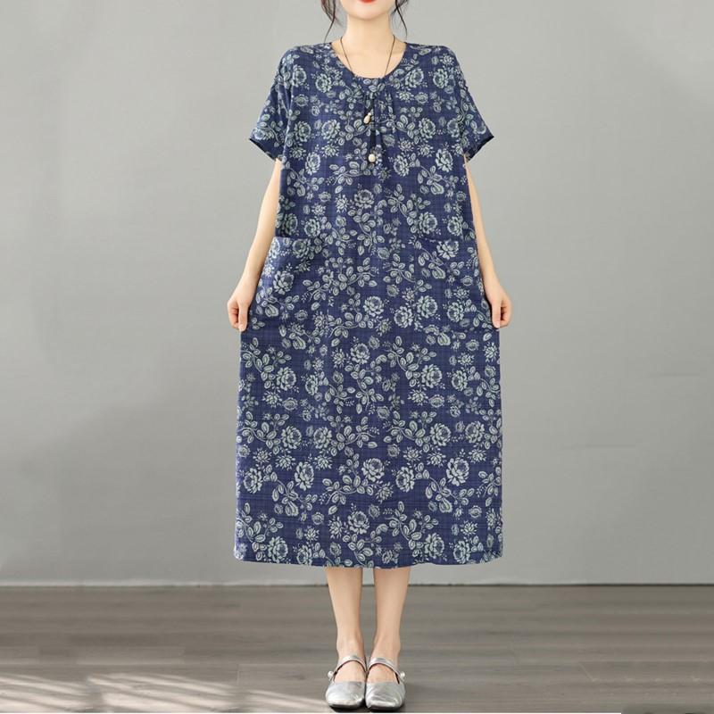 Short Sleeve Plus Size Cotton Linen Vintage Floral New In Dresses for Women Casual Loose Long Summer Dress