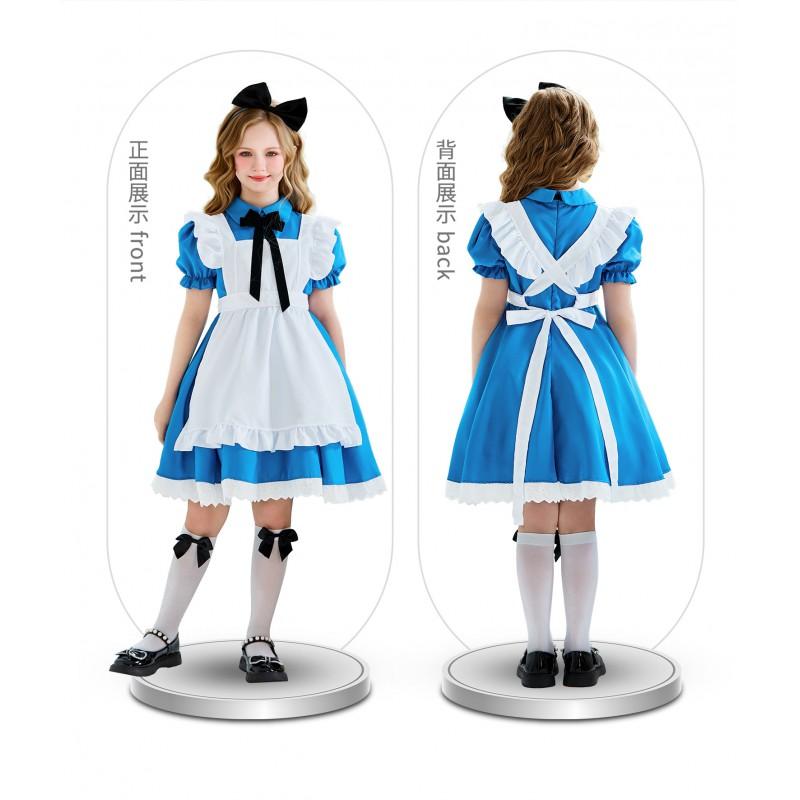Alice In Wonderland Cosplay Costume Girls - Sweet Maid Dress With Apron Bow Tie Headband Short Sleeve Party Outfit