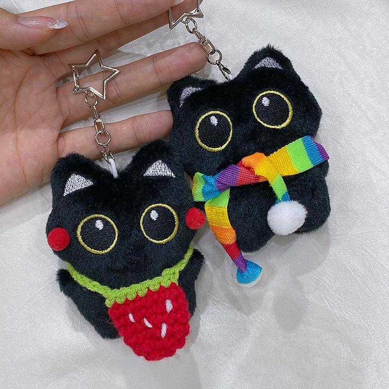 Cute Black Cat Keychain Pendant Backpack Hanging Plush Doll Kitty Cell Phone Charm Bag Keychain Halloween Pendant Keyring Decoration