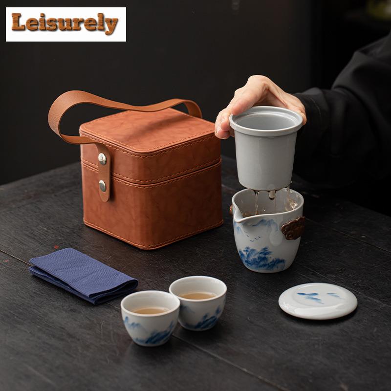 Retro Hand-painted Persimmon Travel Tea Set Kit Vintage 1 Pot 2 Cups Tea Maker Organizer Portable Outdoor Tote Bag Decoration