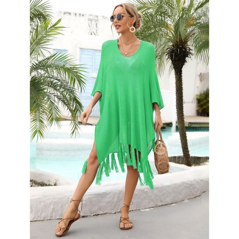 

Летние женские накидки с кисточками, большие размеры, свободные полые пляжные купальники, праздничные накидки One Size зелёный