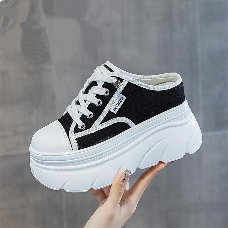 

9cm Canvas Genuine Leather Women Summer Shoes Wedge Sneakers Platform Slippers Shoes Slip on Sandals Slideds High Heel 34