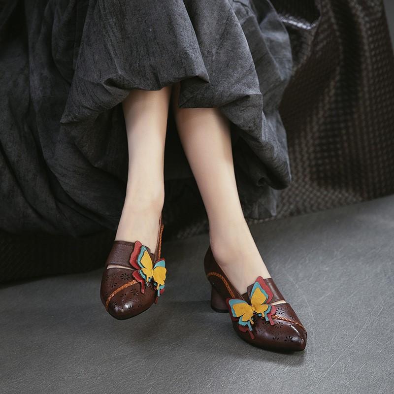 Johnature Retro High Heels Genuine Leather Shallow Commuter Versatile Women's Shoes