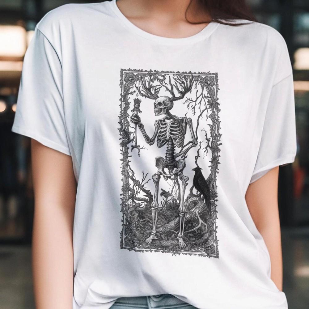 26Gothic Skeleton T-Shirt – Mythical Antlered Skeleton with Raven and Forest, D Unisex T-Shirt M