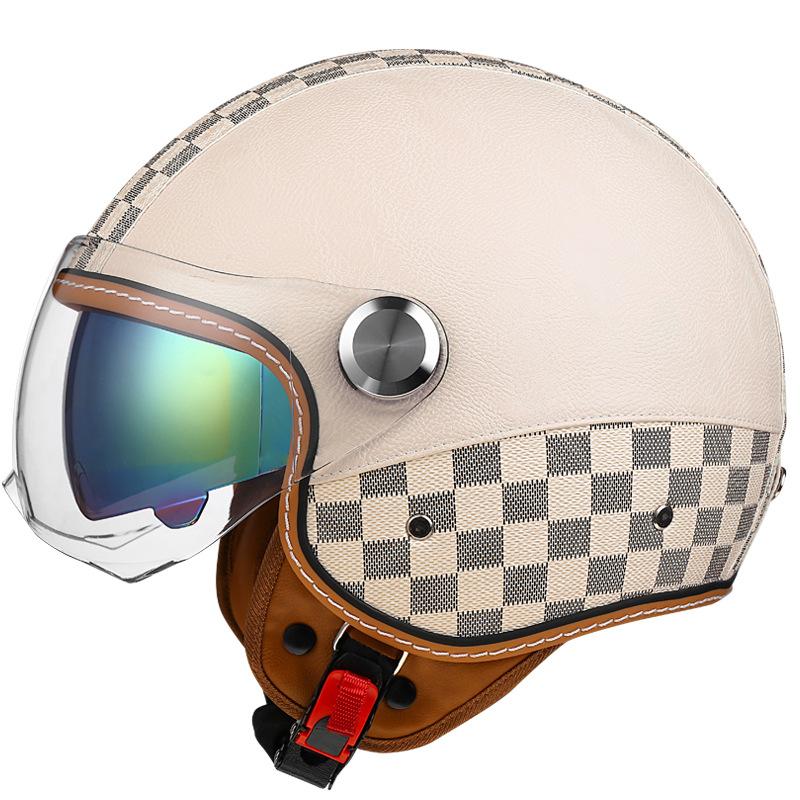 Double Striation Double Visor Leather Jet Helmets Daul Lens DOT Retro Open Face Motorcycle Helmets Double Visor Racing Helmet
