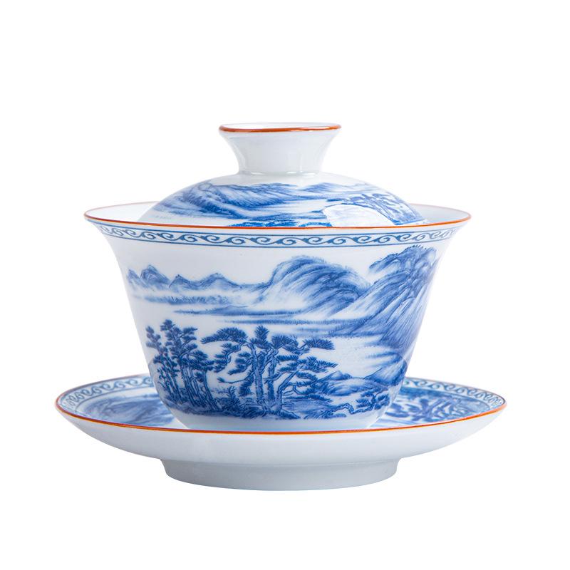 Dehua Gaiwan Cup Ceramic Large Single Sancai Bowl Kung Fu Tea Set Blue and White Porcelain Household