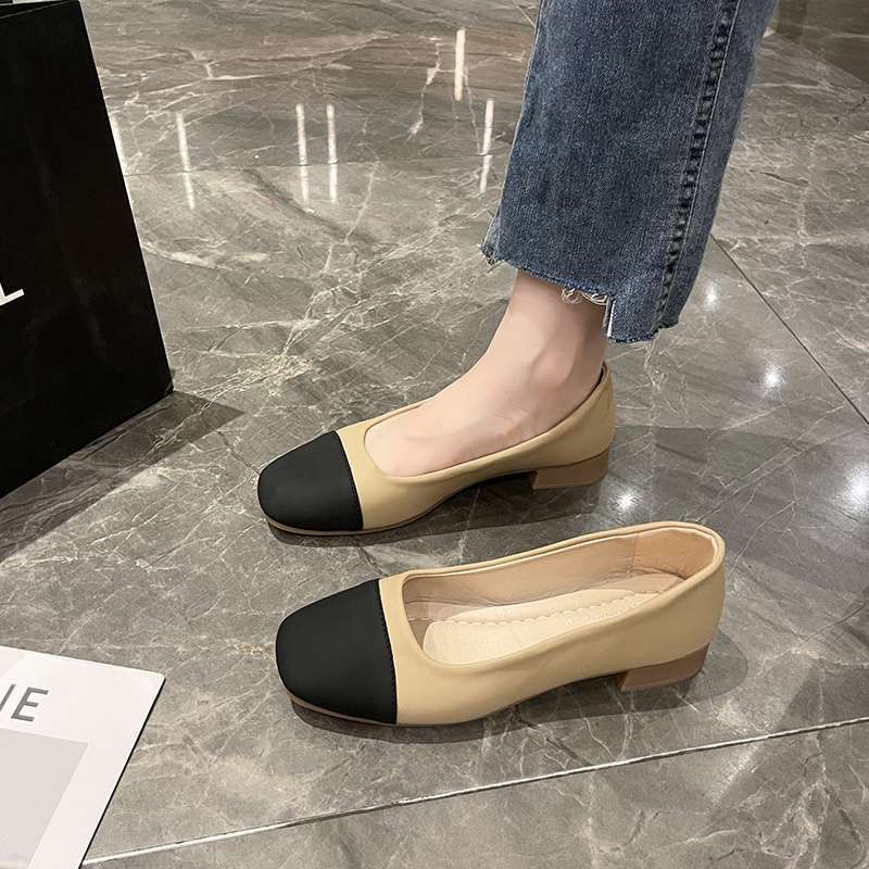 Soft-soled single shoes women's one-pedal versatile square head shallow mouth small leather shoes autumn new temperament Doudou shoes grandma shoes