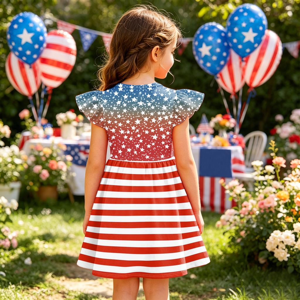 Mädchen Puffärmel Kleid Unabhängigkeitstag Patchwork Lässiges Partykleid Weicher Stoff Bequeme Passform A-Linien-Silhouette Geeignet für den Alltag