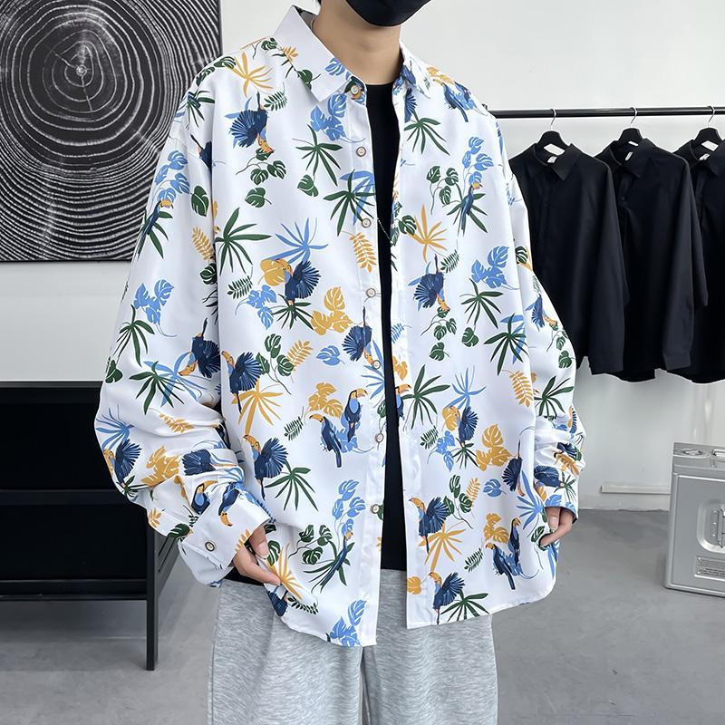 

Модный новый топ Весна и осень Мужская рубашка Повседневная печать Стильная рубашка с длинным рукавом Широкая свободная