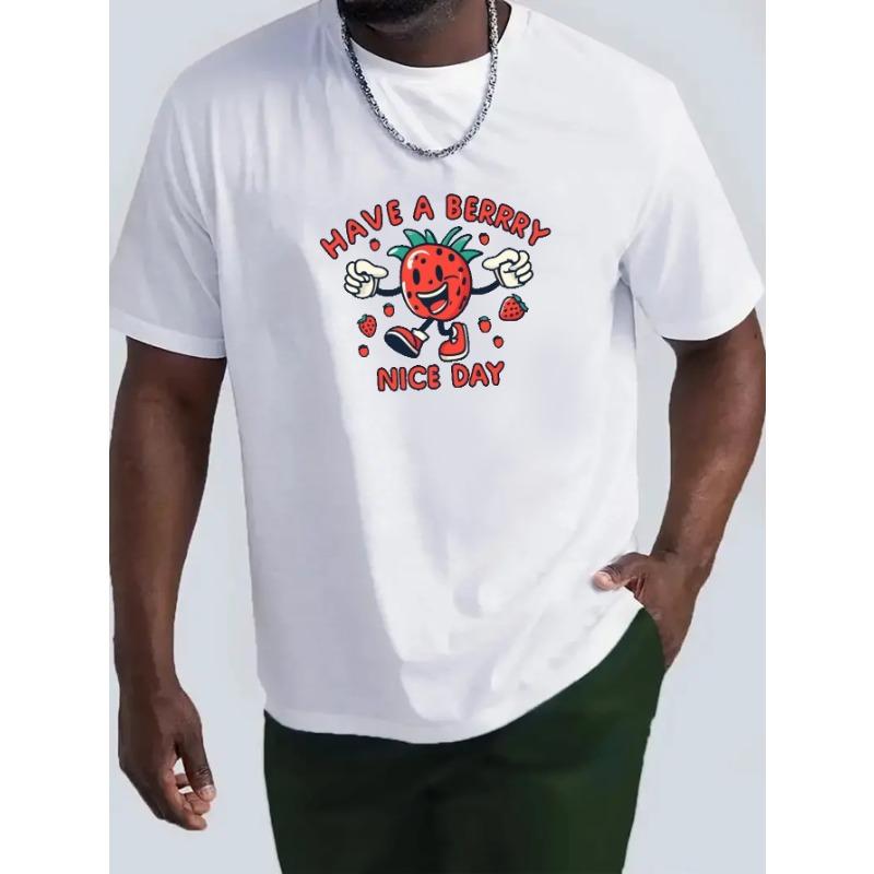 

European Size Men s Stylish Strawberry Pattern Shirt, Casual Breathable Crew Neck Short Sleeve Tee Top For City Walk Street H... S разноцветный