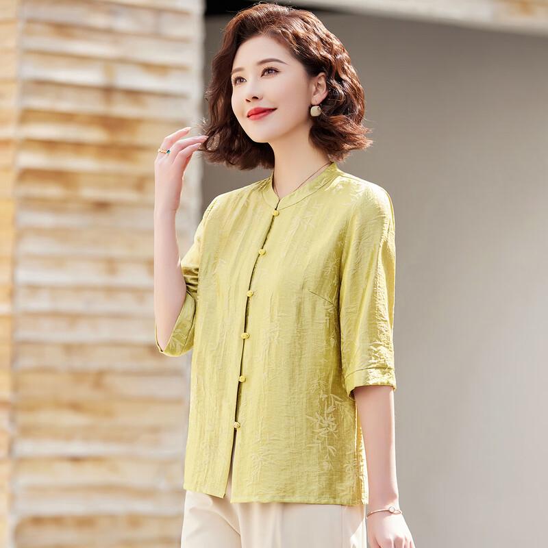Hemd im chinesischen Stil mit Bambusblattdruck und Stehkragen für Frauen mittleren Alters