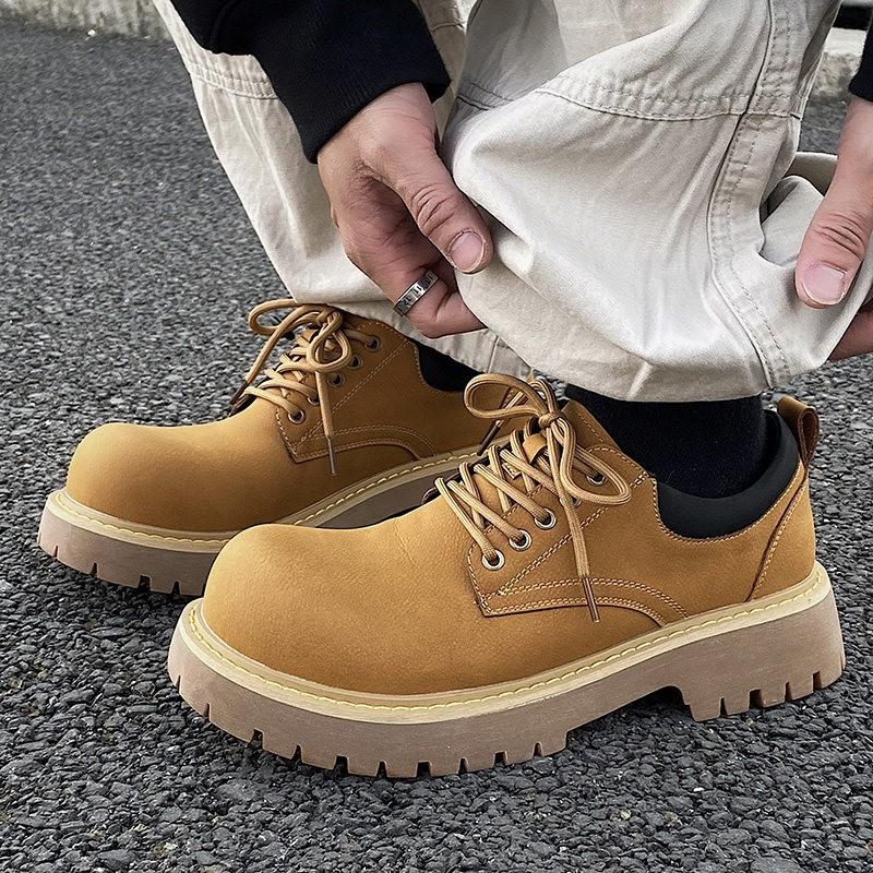 Mens Chunky Sole Derby Shoes Casual Low-Top Thick Heel Yellow Black Green Round Toe PU Insole Rubber
