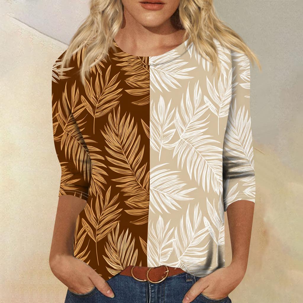 Women's Fashionable Casual Round Neck Three-quarter Sleeve Hawaiian Print T-shirt Top