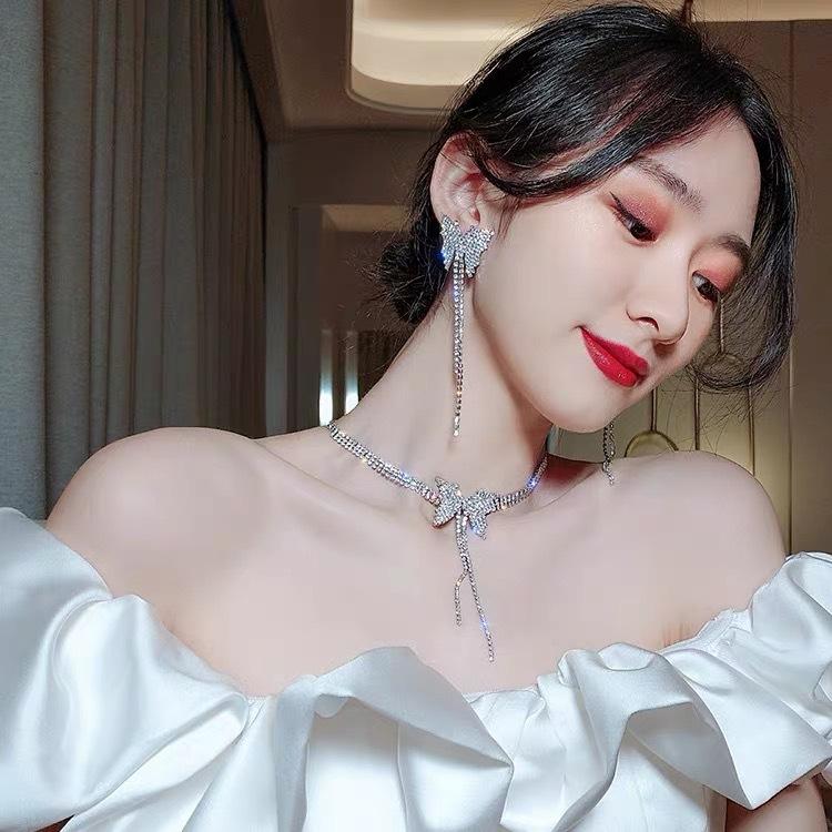 Butterfly Tassel Rhinestone Necklace Female Tide Bride Full Diamond Neck Chain Fashion Suit Collarbone Chain