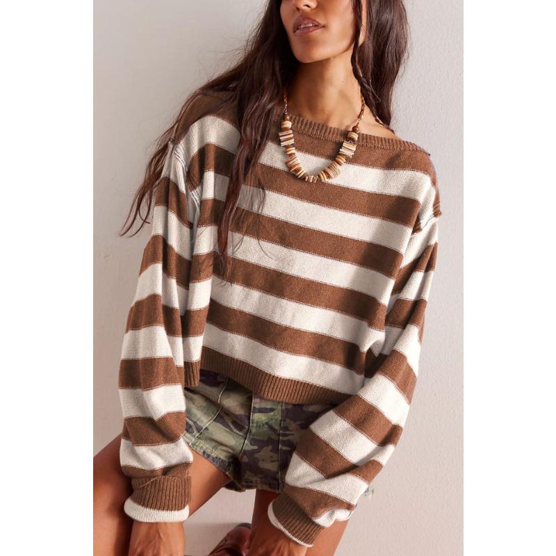 

Женский осенне-зимний пуловер, свободный полосатый короткий вязаный свитер XL темно-коричневого