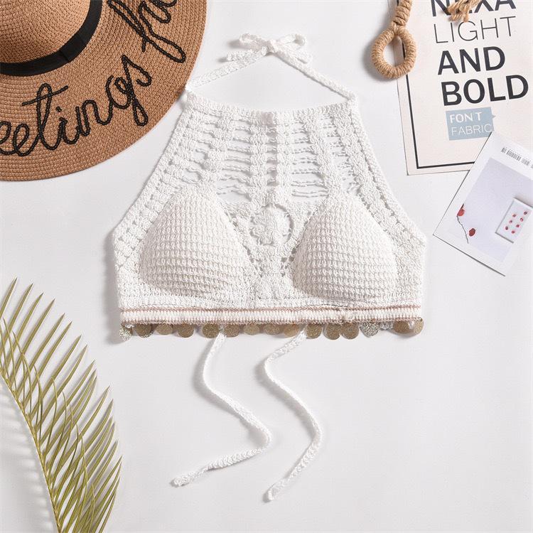 Boho Vyšívaný Top s Odhalenými Rameny, Halter Neck, Bez Zad, Trubkový Top s Hrudní Vložkou