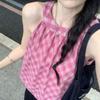 Retro Versatile Contrasting Color Plaid Sleeveless Vest for Women Summer New Sweet Loose Top