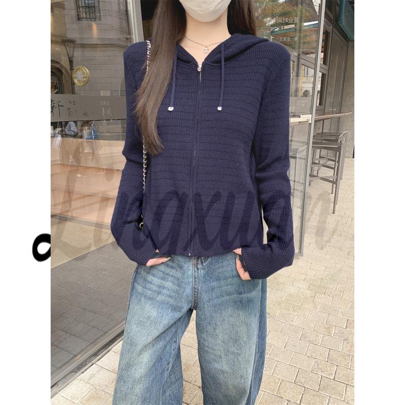 

Korean Spring Style Versatile Knit Cardigan with Hood and Drawstring One Size темно-синього кольору