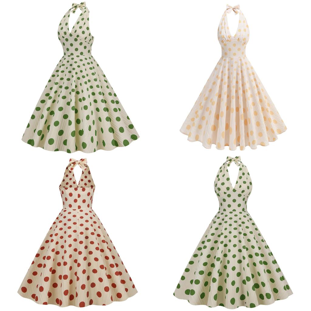 Vintage Polka Dot High Waist Dress With Backless Design For Elegant Summer Events