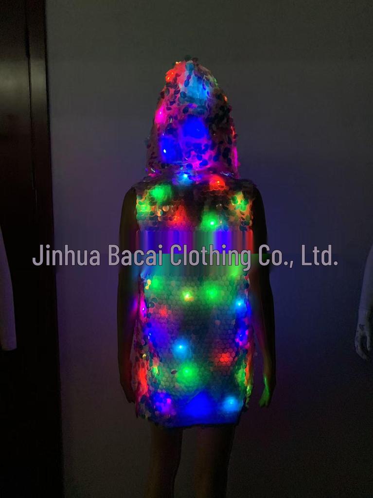 Women's LED Glowing Sequin Jacket – Hooded Nightclub Performance Vest