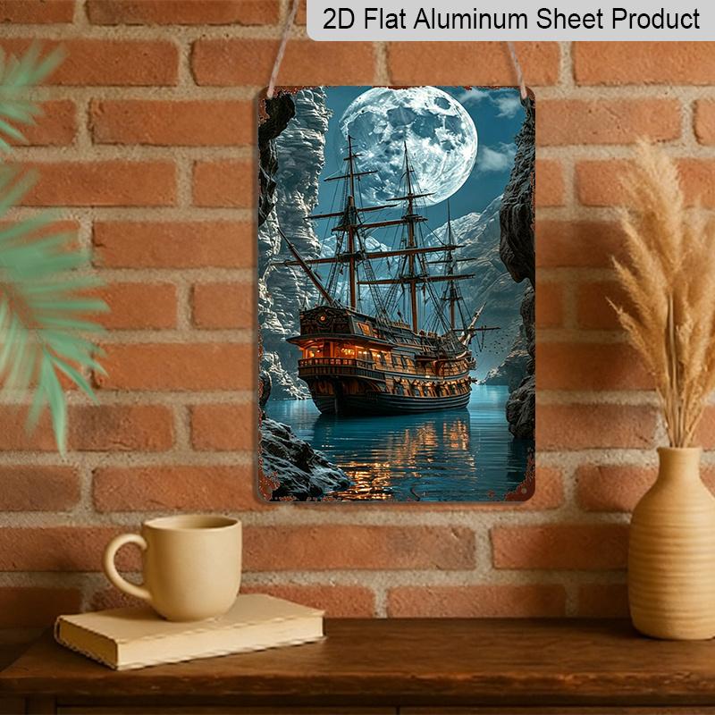 2D Flat, Full Moon Pirate Ship Aluminum Sign - Retro Nautical Wall Decor Man Cave, Bar Decor, Nautical Room, Pirate Themed Room, Boat Decor, Sailors